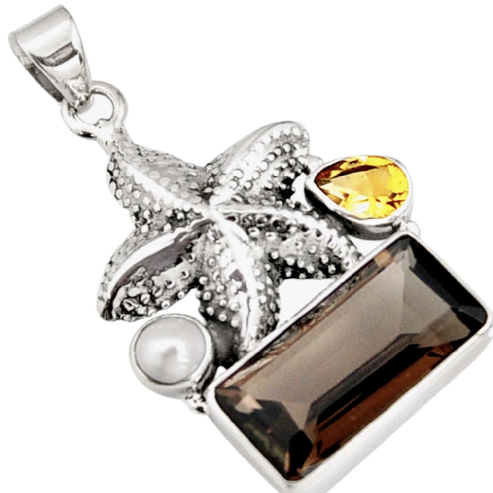 NWT 8.42 Carat Sterling Silver Starfish Lemon Quartz, Brown Topaz, Pearl Pendant
